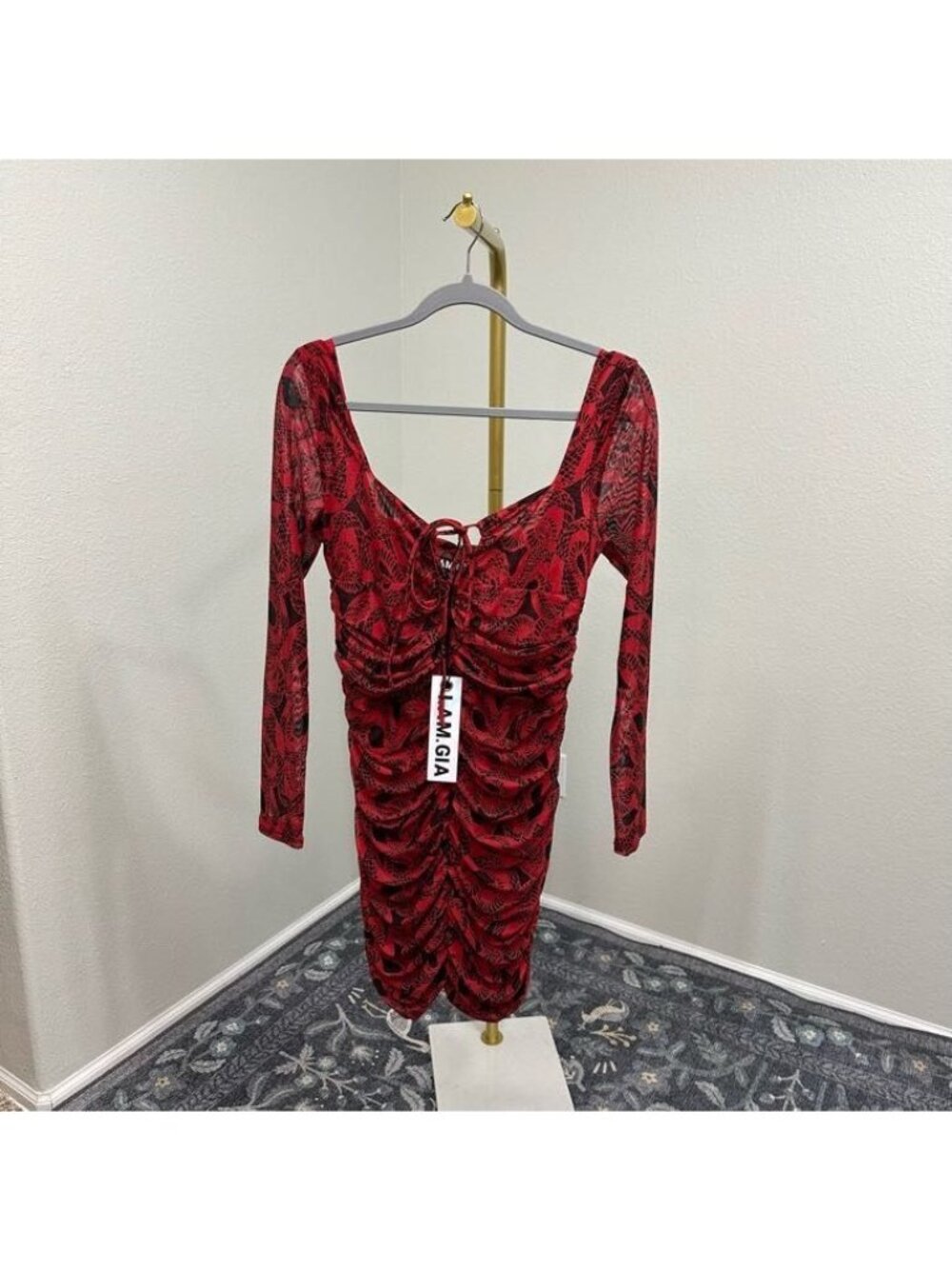 I AM GIA Colette Red Mini Dress Ruched Bodycon Long Sleeve Mesh Womens Sz XL NEW